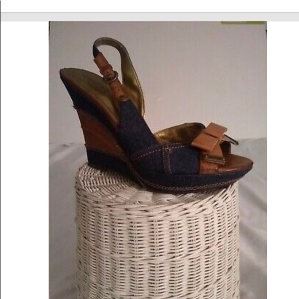 GUESS Denim peep toe wedges Size 7.5